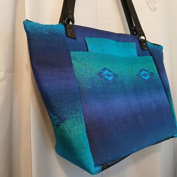 New Southwestern Sarape Satchel shoulder Bag Purse Blue Double handle Carryall - Picture 9 of 12